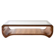 A chic modern coffee table with a clear glass top and a polished wooden frame, isolated on a transparent backdrop.