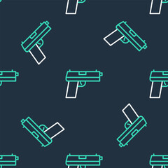Line Pistol or gun icon isolated seamless pattern on black background. Police or military handgun. Small firearm. Vector