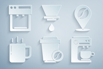 Sticker - Set Coffee cup to go, Location with coffee bean, machine, V60 maker and icon. Vector