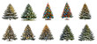 Collection of decorated Christmas tree isolated on transparent background.