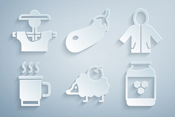 Poster - Set Hedgehog, Raincoat, Cup of tea, Jar honey, Eggplant and Scarecrow icon. Vector