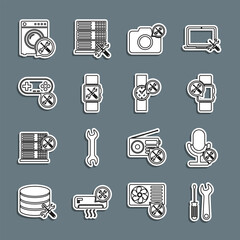 Sticker - Set line Screwdriver and wrench, Microphone service, Smartwatch, Photo camera, Gamepad, Washer and Wrist icon. Vector