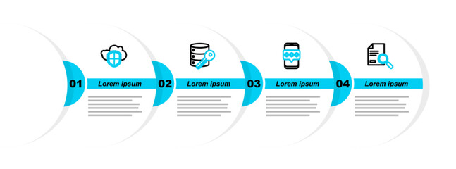 Poster - Set line Document with search, Mobile and password, Server security key and Cloud shield icon. Vector