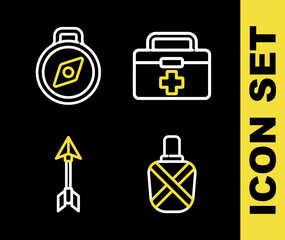 Canvas Print - Set line First aid kit, Canteen water bottle, Hipster arrow and Compass icon. Vector