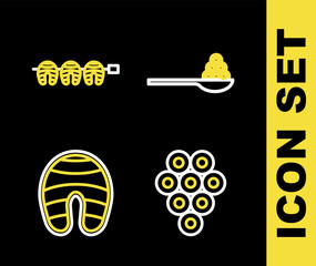 Sticker - Set line Caviar on a spoon, Fish steak and Grilled fish icon. Vector