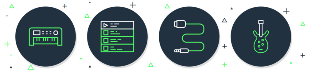 Poster - Set line Music playlist, Audio jack, synthesizer and Electric bass guitar icon. Vector