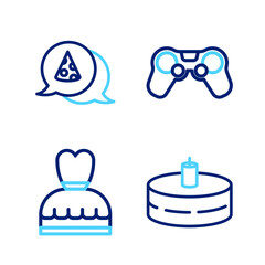 Wall Mural - Set line Cake with burning candles, Woman dress, Gamepad and Slice of pizza icon. Vector