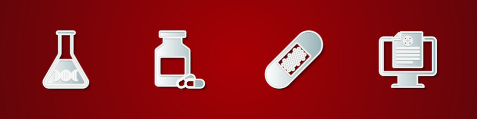 Poster - Set DNA research, search, Medicine bottle and pills, Bandage plaster and Clinical record on monitor icon. Vector