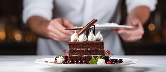 Sticker - In the pristine white background of the isolated kitchen, a luxurious restaurant chef skillfully prepares a delectable chocolate cake with velvety cream on a delicate plate, creating a mouthwatering