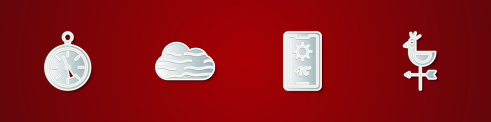 Sticker - Set Compass, Fog and cloud, Weather forecast and Rooster weather vane icon. Vector