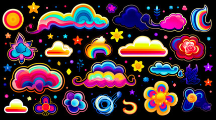 Wall Mural - Bunch of colorful clouds and stars on black background with stars and clouds.