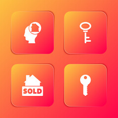 Wall Mural - Set Man dreaming about buying house, House key, Hanging sign with text Sold and icon. Vector