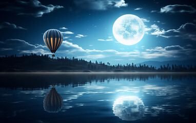 traditional fantasy hot air balloon flying over frozen sea at night - night blue sky with full moon 