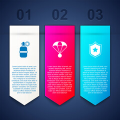 Sticker - Set Hand grenade, Parachute and Police badge. Business infographic template. Vector