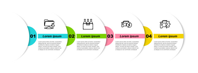 Poster - Set line FTP folder download, Bottles of wine in box, Electric car and Car service. Business infographic template. Vector