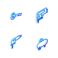 Poster - Set Isometric line Electric jigsaw, Leaf garden blower, and Air compressor icon. Vector