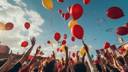 Wall Mural - a group of people holding balloons