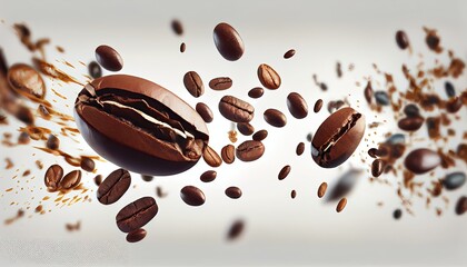 Wall Mural - Coffee Bean flying white background 3d illustration hot drink roast seed heap cafes beverage grain tradition textured pile nature splash group graphic ingredient taste energy espresso dark