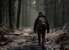 Traveler In The Middle Of Snowy Forest Trying To Camping Wearing Back Bag And Full Winter Jacket And Hat 