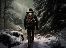 Traveler In The Middle Of Snowy Forest Trying To Camping Wearing Back Bag And Full Winter Jacket And Hat 