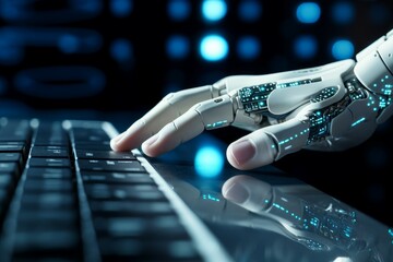 Steady Hand of robot touch. Coding monitor science. Generate Ai