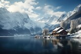 Fototapeta Góry - winter cabins on the waters Generative AI