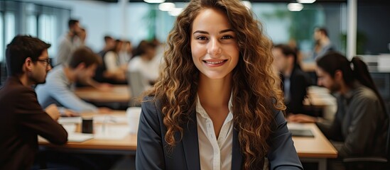 Canvas Print - In a modern office, a successful businesswoman sits at her desk, engrossed in her computer, leading her team with the power of technology, while a man in the background handles marketing strategies