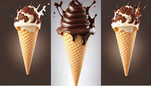 Set Chocolate Splash Ice Cream Cone Flavor Clipping Path 3d Illustration Sweet Dessert Delicious Tasty Waffle Cool Cold Summer Isolated Food Product Sundae Pistachio Glac