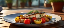 Fresh Grilled Sea Bass With Tomatoes And Potato Balls On A White Plate. AI Generated Image