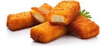 Macro View Golden Crispy Fried Fish Fingers On White Background. AI Generated Image