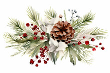Christmas Decoration Made Of Pine Branches, Pine Cones, Flowers And Red Berries Painted On White Background.