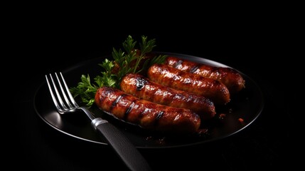 Wall Mural - Hot grilled sausages on a black background, presented with a fork for a delicious and enticing visual.