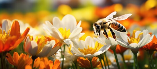 Sticker - In the picturesque garden, amidst blooming flowers and lush greenery, a beautiful white animal admired the colorful spring and summer nature, while a busy bee collected honey from orange and yellow