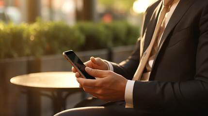 Businessman using smartphone on blur background. Generative AI