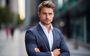 Wall Mural - A handsome businessman wearing a suit, business centre background