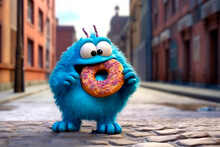 Funny Baby Monster With Donut. Cute Blue Chubby Character Eating Glazed Donut. National Donut Day Or Fat Thursday. Template For Cover, Menu, Signboard, Bakery, Advertising