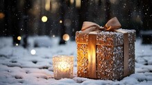 Beautiful Christmas Gift Box. Christmas Decoration. Festive Surprise. New Year's Gift. Selective Focus. Copy Space. Space For Text.