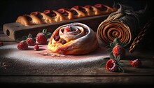Sweet Pastry Removed Oven Strawberry Jam Pressed Sugar Powder Old Wooden Background Whe Ears Hip Rose Food Meat Grill Bar-b-q Meal Cooking Snack Closeup Delicious Brown Baked Hot Drink Beef Tasty