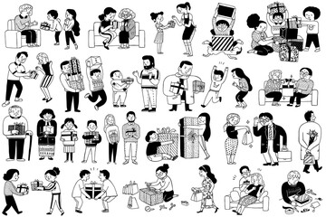 Cute character of people in family exchanging, giving, receiving gifts or present box in special occasion. Black and white ink hand drawn style, outline, thin line art. Big set, bundle. 