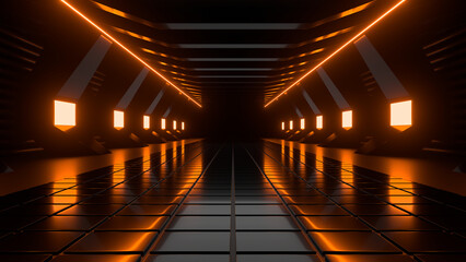 Wall Mural - Sci Fi neon glowing lines in a dark tunnel. Reflections on the floor and ceiling. 3d rendering image. Abstract glowing lines. Technology futuristic background.