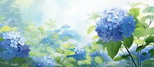 In The Midst Of A Flourishing Garden, A Delicate Hydrangea With Vibrant Green Leaves And Beautiful Blue Petals Blooms, Enhancing The Natural Beauty Of The Floral Scenery.