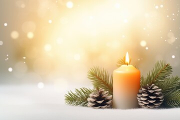 Wall Mural - Flaming aroma candle with fir tree branches and pine cones  at snowy blurred golden background with bokeh lights. Abstract festive backdrop. Christmas eve  or New Year card, banner with copy space