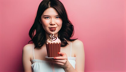 Image happy cute Asian young woman standing isolated pink background eating chocolate sweet delicious adult attractive bar beautiful beauty brown candy caucasian cheerful dessert diet face fashion