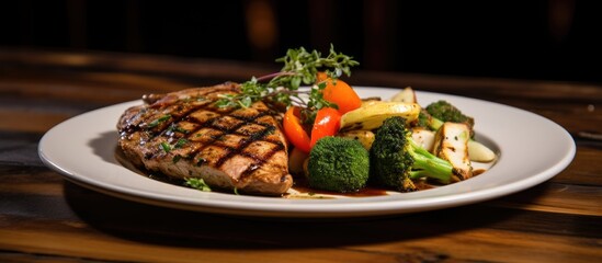 Wall Mural - At a restaurant known for its mouthwatering barbecue, the chef expertly grills a succulent steak and juicy chicken, pairing them with a generous plate of vegetables, creating a healthy and nutritious