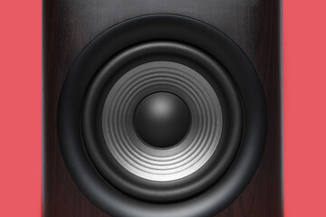 Wall Mural - One wooden sound speaker on red background, closeup