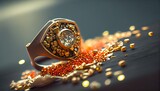 Fototapeta  - Gold granules ring made jewelry master jewellery diamond goldsmith production luxury craft accessory art bench carat closeup craftsman creativity design equipment fix gem gemstone hand holding