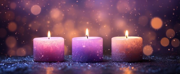 Wall Mural - Flaming pink aroma candles at night on blurred purple background with bokeh lights. Candles in church as catholic symbol. Abstract festive backdrop. Christmas eve banner with copy space