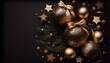 Decoration balls fir branches black background copy space Merry Christmas Happy New Year fl lay holiday winter gold celebration 2021 up high art ball bauble card concept conceptual creative dark