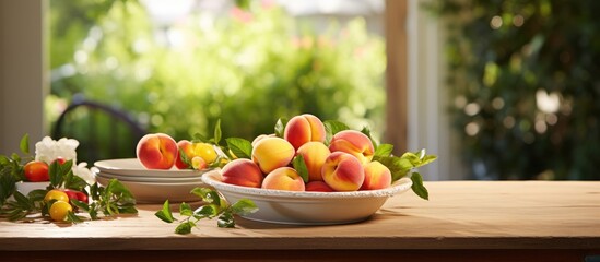 Poster - On a rustic wooden table in a serene garden surrounded by lush greenery, a plate adorned with vibrant nectarines, orange and red fruit, brings the essence of summer to life in perfect harmony with