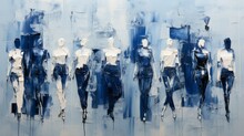 "March Of The Silhouettes"
Cool-toned Figures March In Unity Against A Soft, Abstract Blue Backdrop.